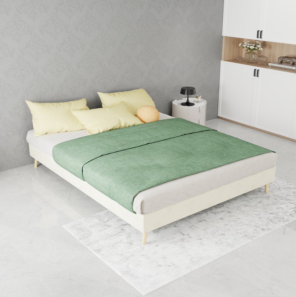 FloraGrace Bed 140x200 cm - Laag Tweepersoons Bedframe met Lattenbodem - Zonder Hoofdbord - Zonder Matras - Stoffen Bekleding - Beige