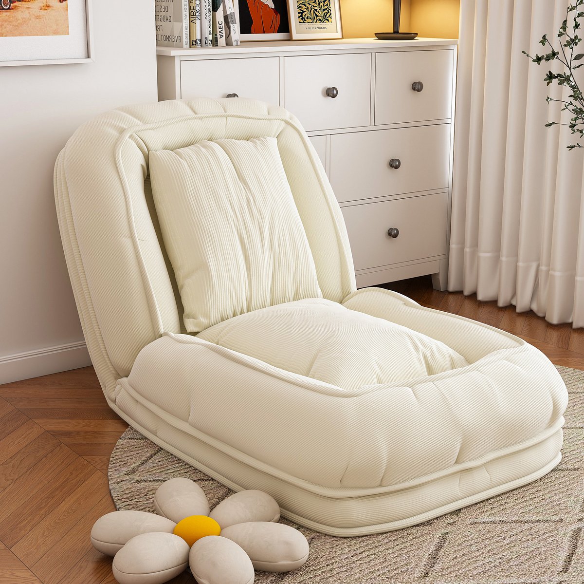 MIVRAY Chaise Longue 180 x 90 x 26 cm - 5-Voudig Verstelbaar En Klapbaar Sofa Bed - Voor Woonkamer En Leeshoek - Ribstof Metaal Gebroken Wit