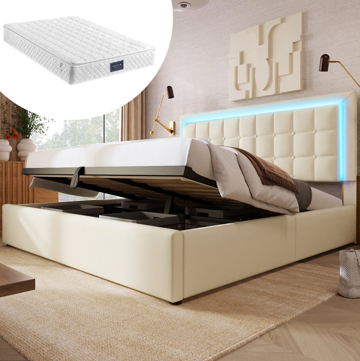 FloraGrace Bed 160x200 cm - Met Ledverlichting En Hydraulische Opbergruimte - Tweepersoons Met Lattenbodem - Kunstleer - Wit - Met Matras