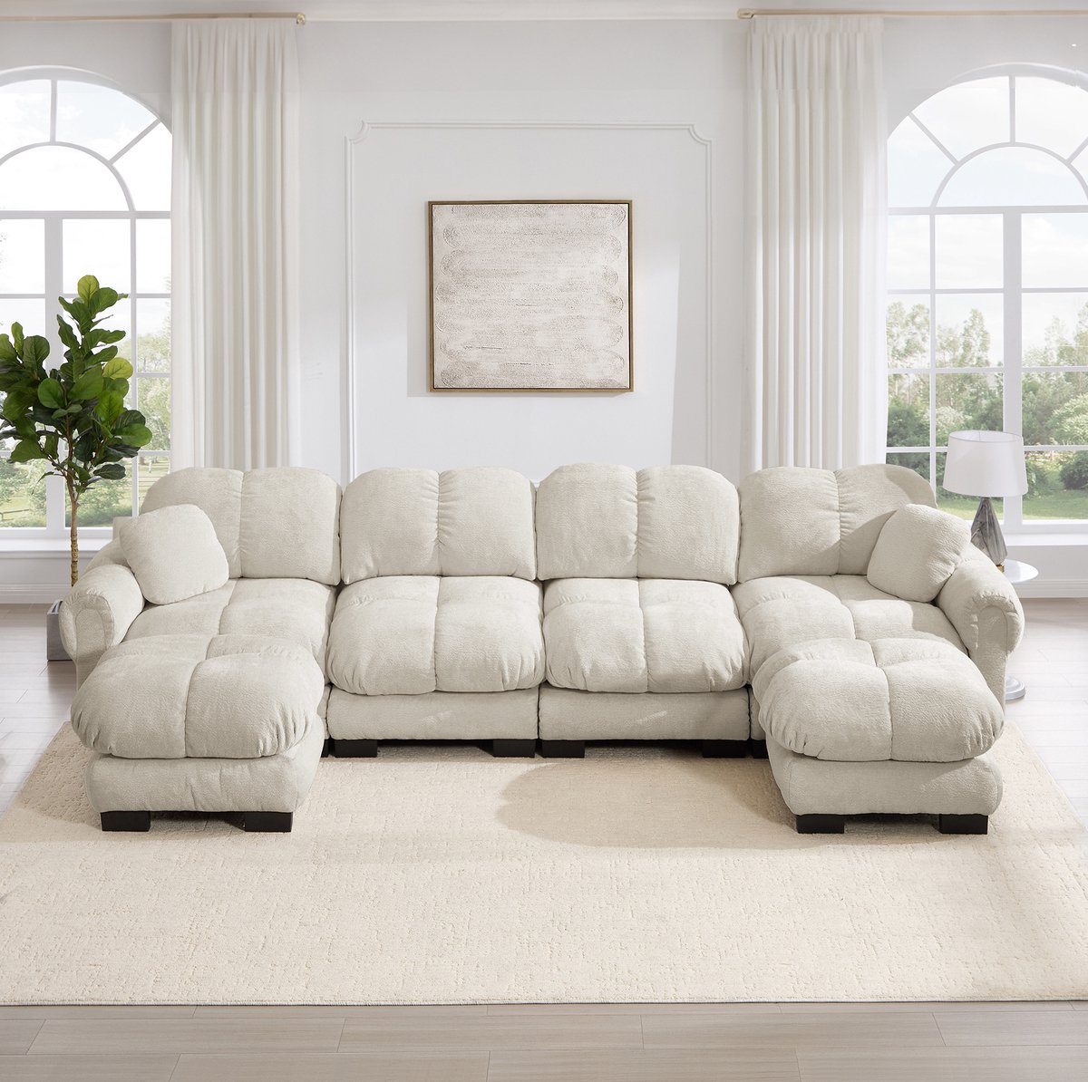 FloraGrace U-Bank 4-Zits - Modulair Met 2 Verplaatsbare Ottomans En Gestikt Design - Voor Woonkamer - Chenille - Licht Khaki