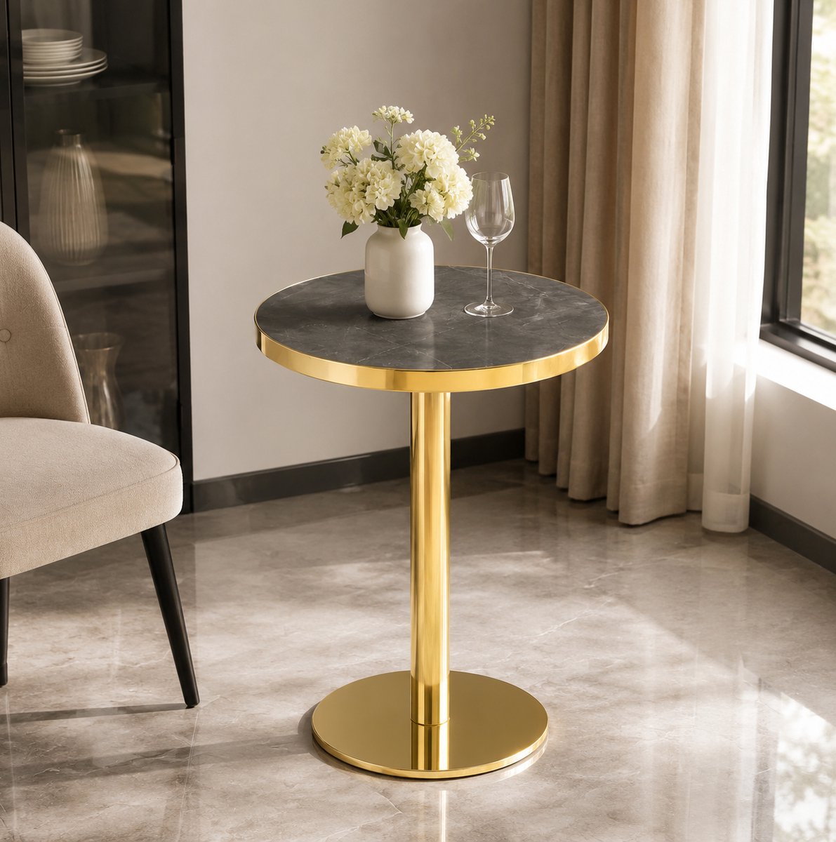 MIVRAY Bijzettafel - Ronde Tafel Met Marmerlook En UV-Coating - Modern Voor Woonkamer Of Slaapkamer - MDF En Goudkleurig RVS - 60 x 74 cm - Grijs Goud