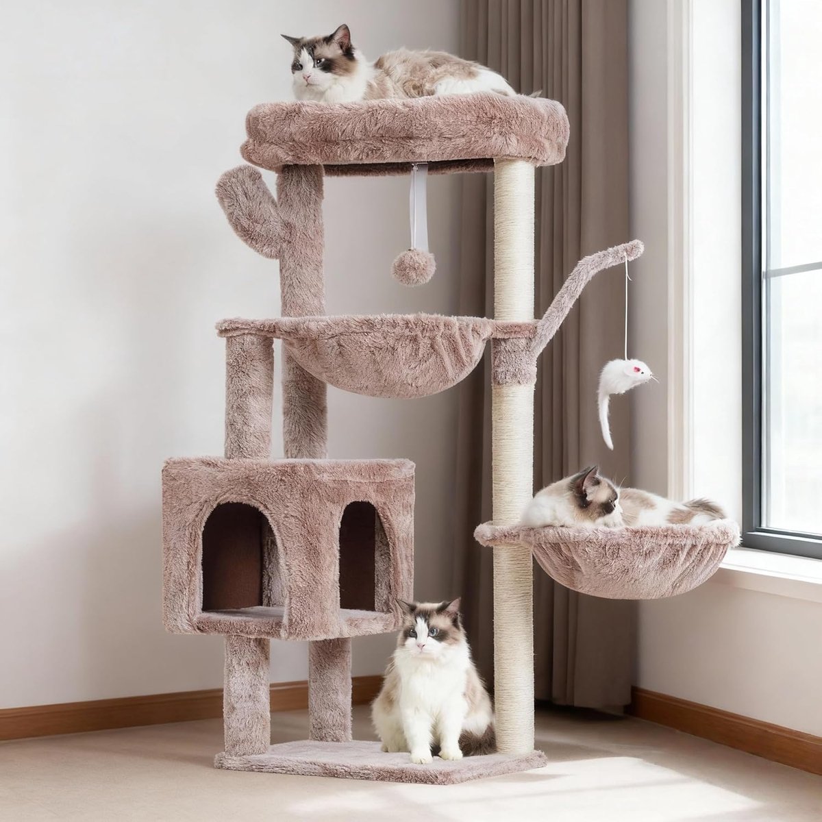 SnelShoppen - Krabpaal voor Katten 100 cm Hoog met Groot Platform, Hol, 2 Hangmatten, Speelgoed en Klimboom, Beige-Bruin - Perfect voor Speelse Katten