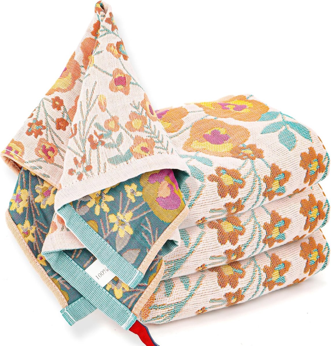 SnelShoppen - Set van 4 Dubbelzijdige Keukenhanddoeken, 100% Katoen, Super Absorberend en Duurzaam, Vintage Bloemenpatroon, Herbruikbaar, 40 x 35 cm