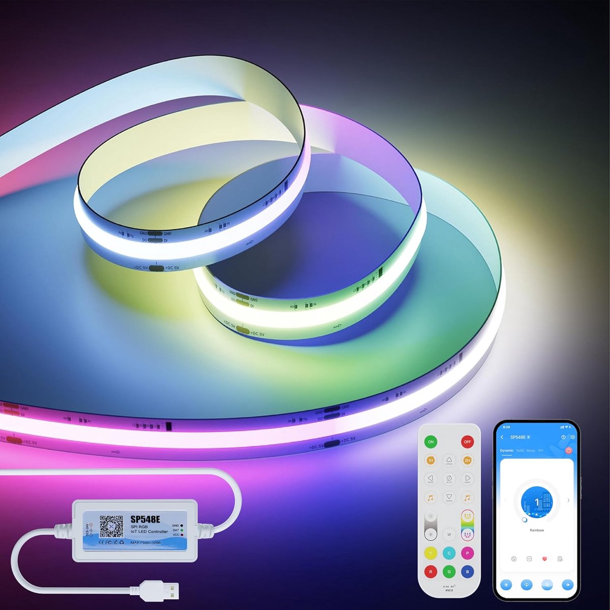 Thijox - RGB Smart IC COB LEDstrip 5V 3m - Pixeladresseerbaar Kleurwisselend Tape Licht met Alexa/Google Assistant, Muziekmodus, Flexibel voor Feest,