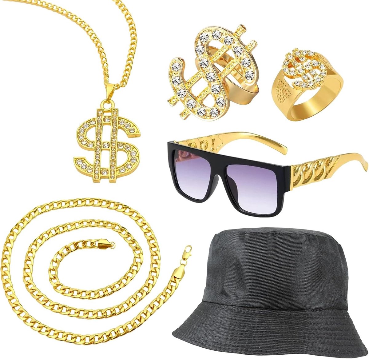 Hip Hop Kostuum Set voor Carnaval en Themafeesten - 6 Delige Set met Gouden Ketting, Dollar Ring en Zonnebril