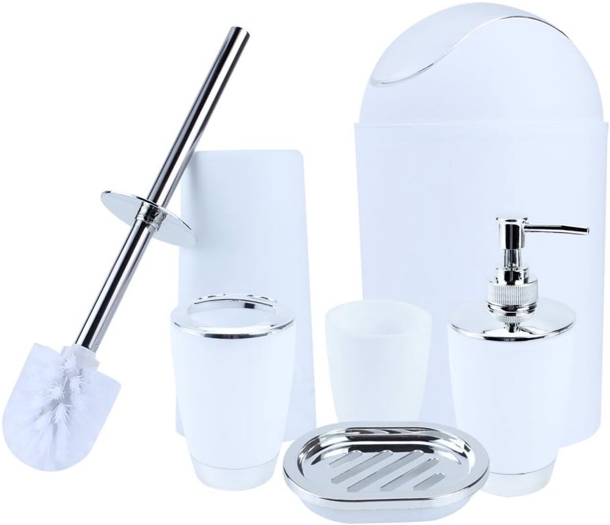 Complete Badkamer Set met Zeepdispenser, Tandenborstelhouder, Handdesinfectie Fles, Prullenbak en Toiletborstel - Wit en Functioneel voor Elke Badkamer