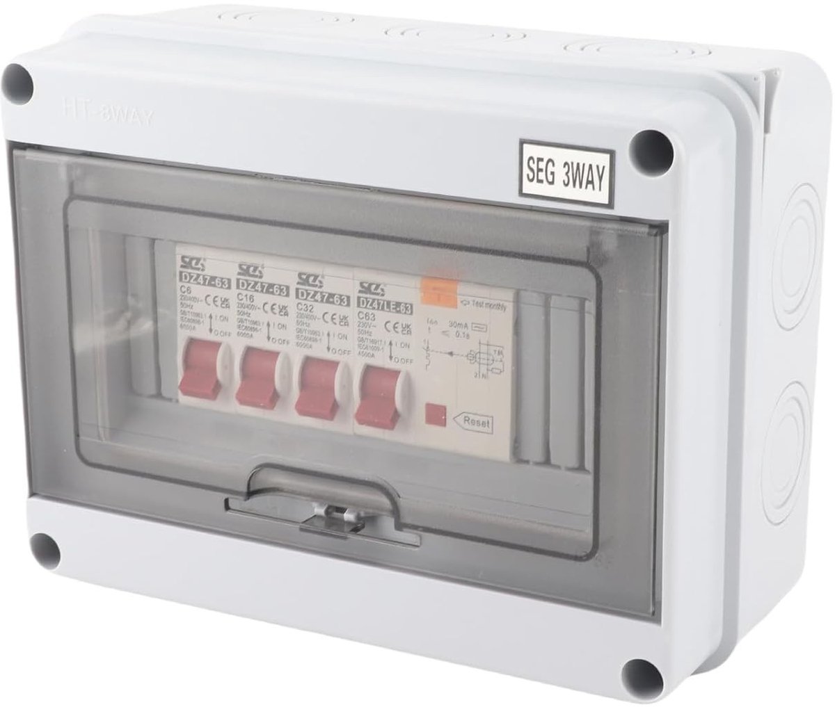 Verbruikseenheid voor garage en caravan, 63 A, 30 mA RCD + 3 MCB (6 A + 16 A + 32 A) - Hoogwaardige zekeringkast voor garages, caravans en werkplaatsen met hoge schakelcapaciteit