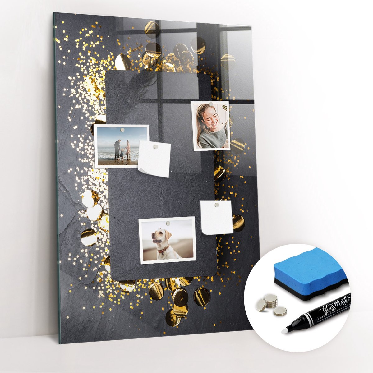 Tulup Whitebord - Gouden confetti - 60 x 90 cm - Veelkleurig Memobord Keuken - Gratis 5 Sterke Magneten + Whiteboard Marker & Wisser - Scandinavisch Design Bord - Magneetbord Muur - Planning Muur