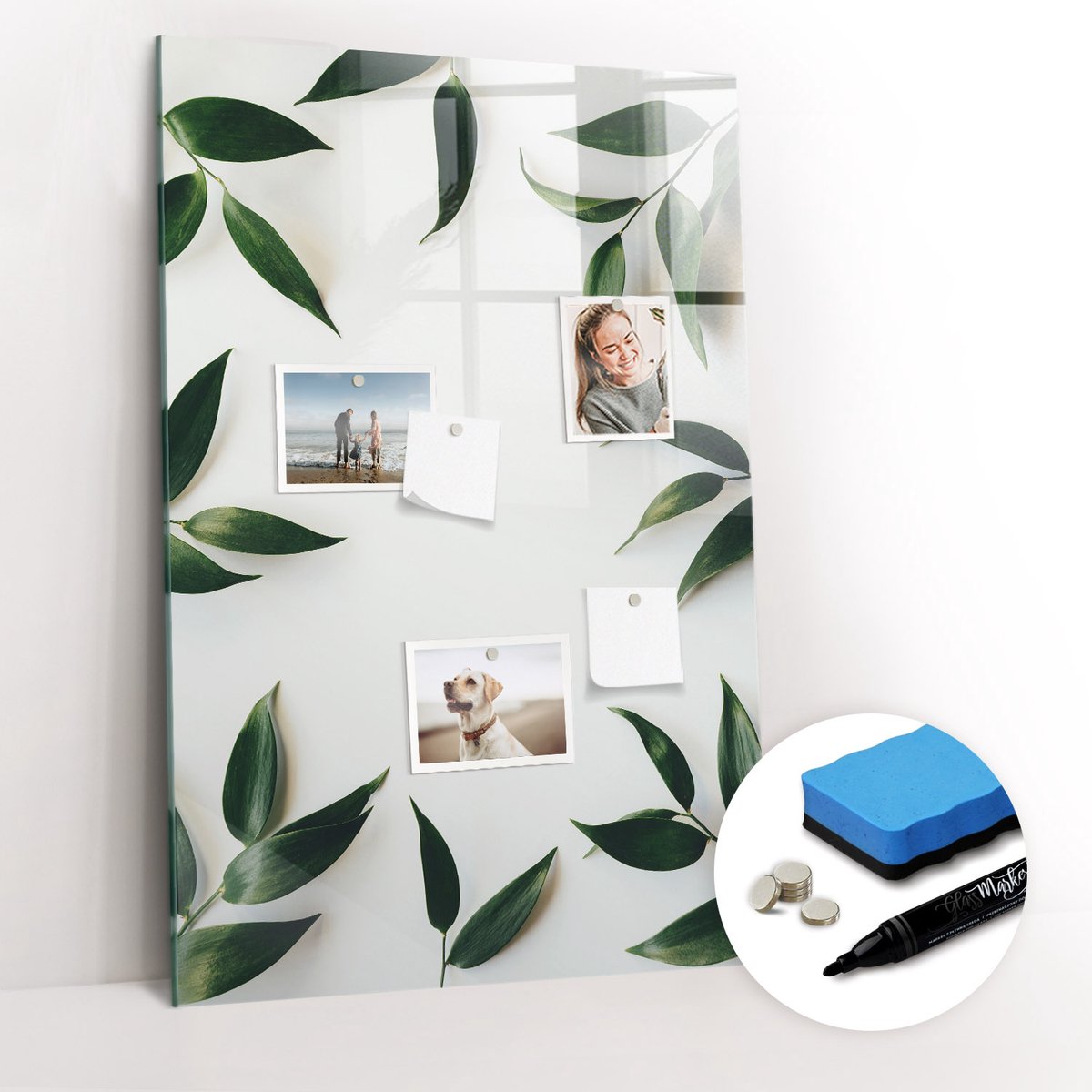 Tulup Whitebord - Groene bladeren omlijsten - 60 x 90 cm - Beige Magneetbord Foto - Gratis 5 Sterke Magneten + Whiteboard Marker & Wisser - Industrieel Wandbord - Memobord Magnetisch - Ideeënbord Thuiswerkplek