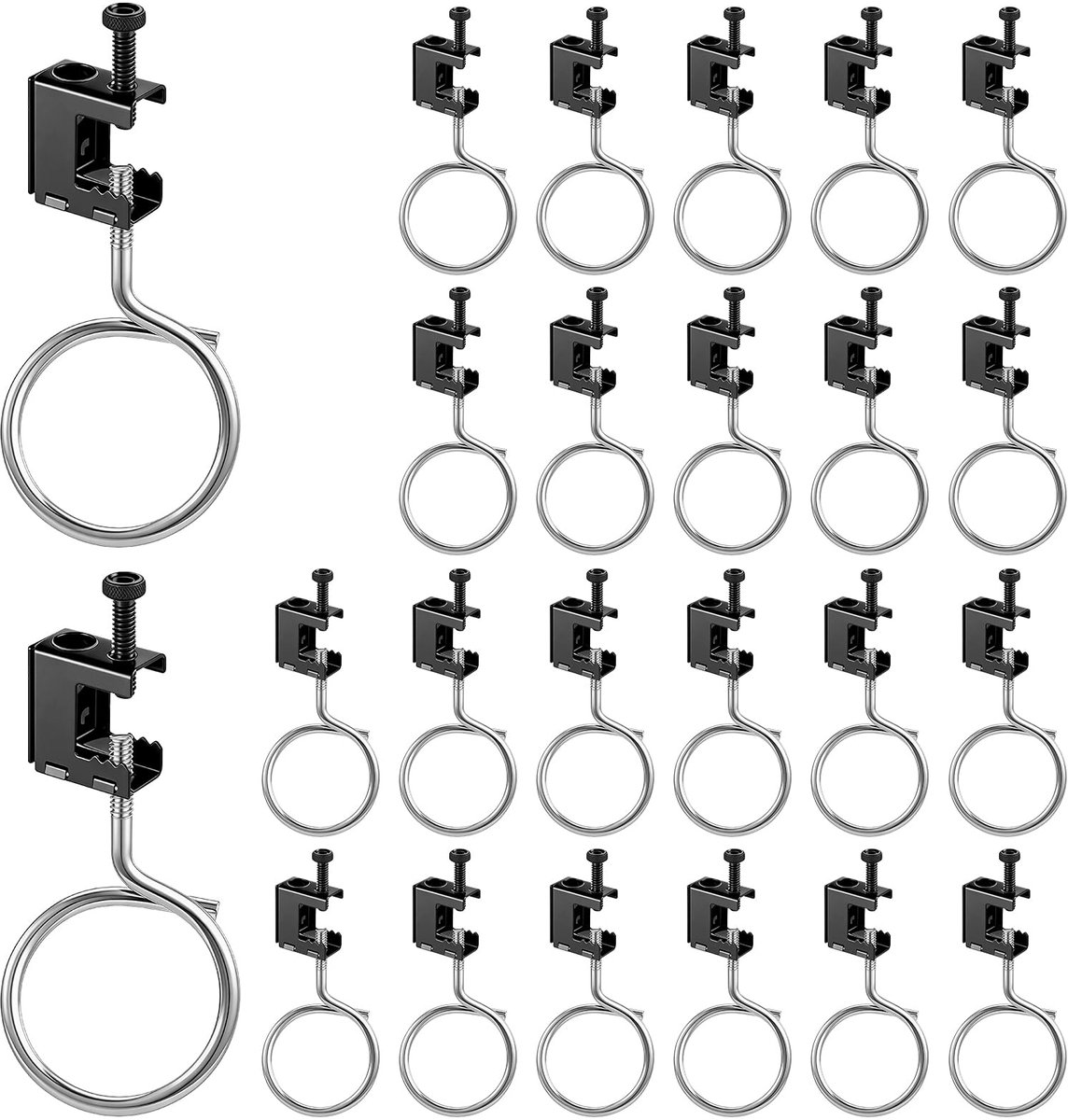 24 stuks. 20 mm dragerklemmen & 24 stuks. 50 mm kabelhakenset – zware stalen C-klemmen voor I-dragers, buizen, kabels, leidingen – draagkracht 34 kg (75 lbs)