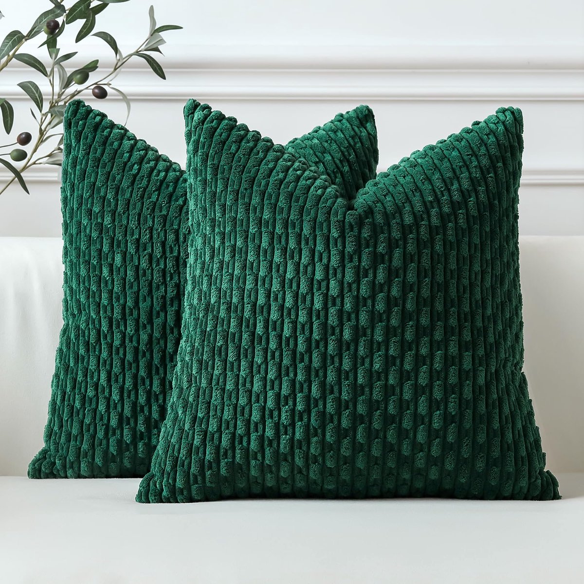 2-delige Set Ribfluwelen Kussenhoezen - Decoratief en Zacht - Voor Bank, Slaapkamer en Woonkamer - Donkergroen, 60x60 cm