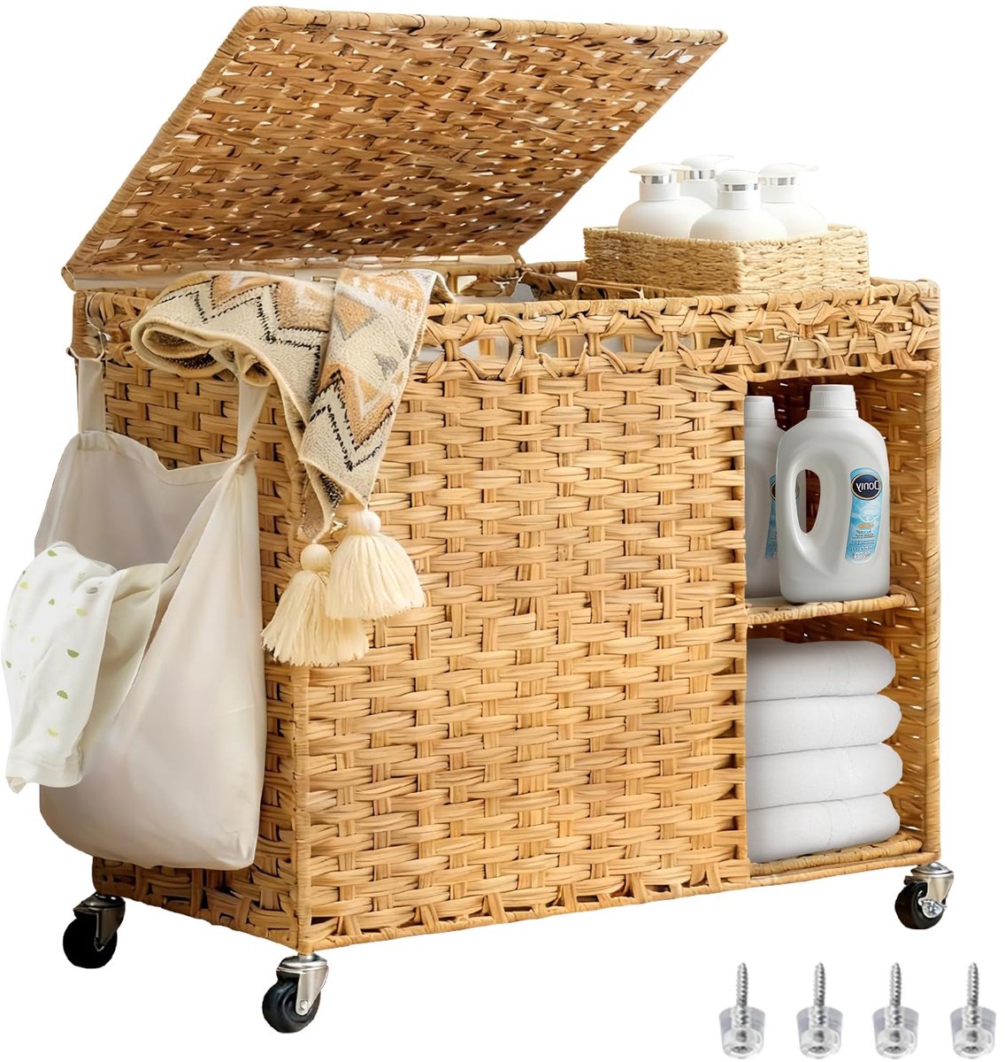 wasmand met wielen en plank, 160 l, handgevlochten PE-rotan waswagen met deksel, afneembare waszak, waterdicht, voor badkamer, slaapkamer en wasruimte, natuur