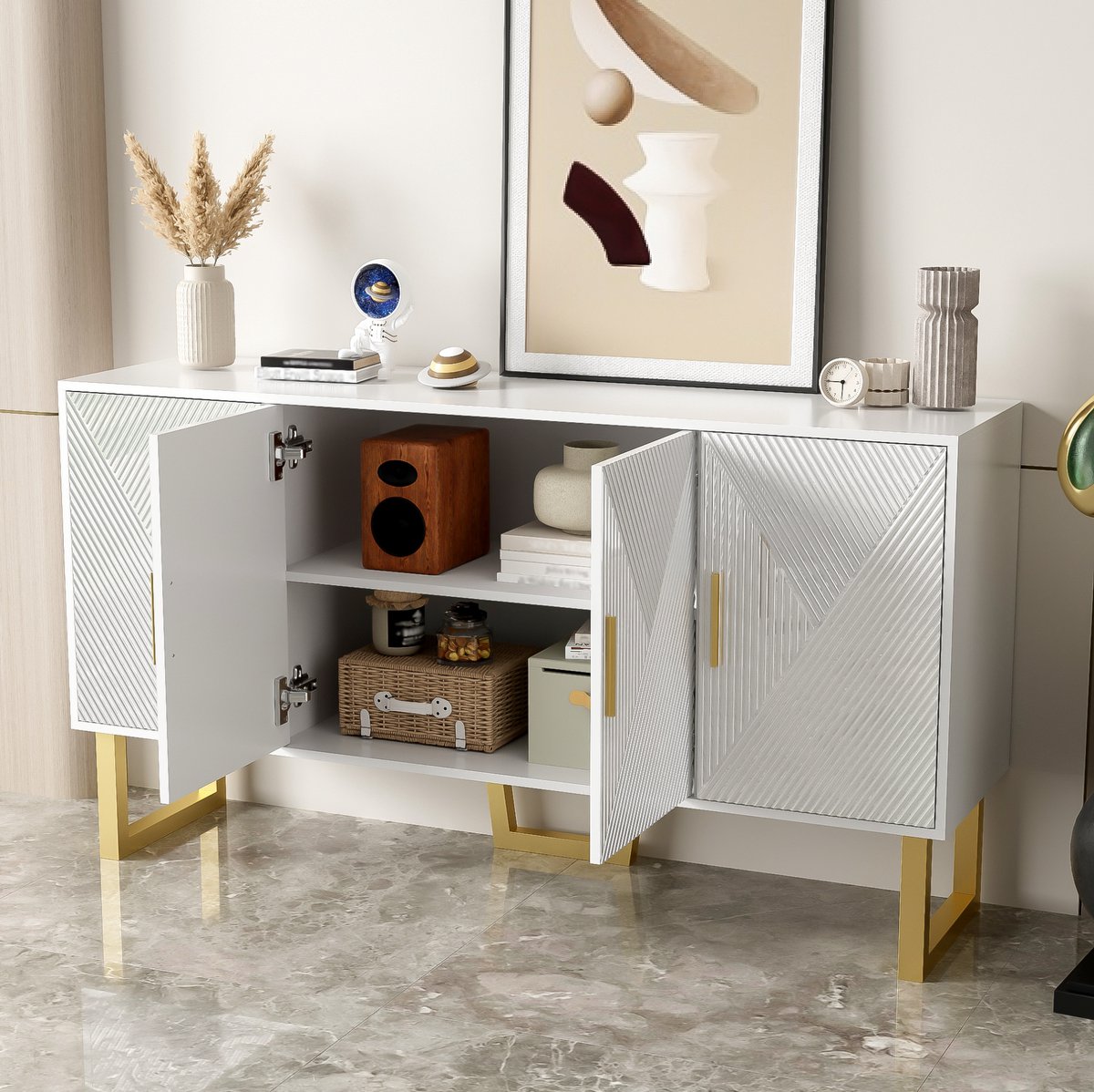 HAUSS SPOLE Dressoir - Hoogglans Deuren Met Structuur En Verstelbare Planken - 4 Deuren Voor Woonkamer En Eetkamer - MDF - 150x40x82 Cm - Wit