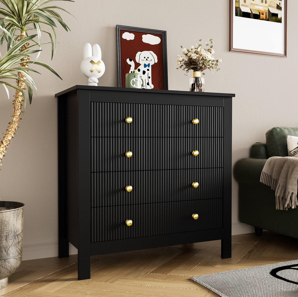 HAUSS SPOLE Dressoir - Kommode Met 5 Lades En Gouden Grepen - Opbergkast Voor Slaapkamer Woonkamer En Hal - Spaanplaat - 79x39,5x80,5 Cm - Zwart