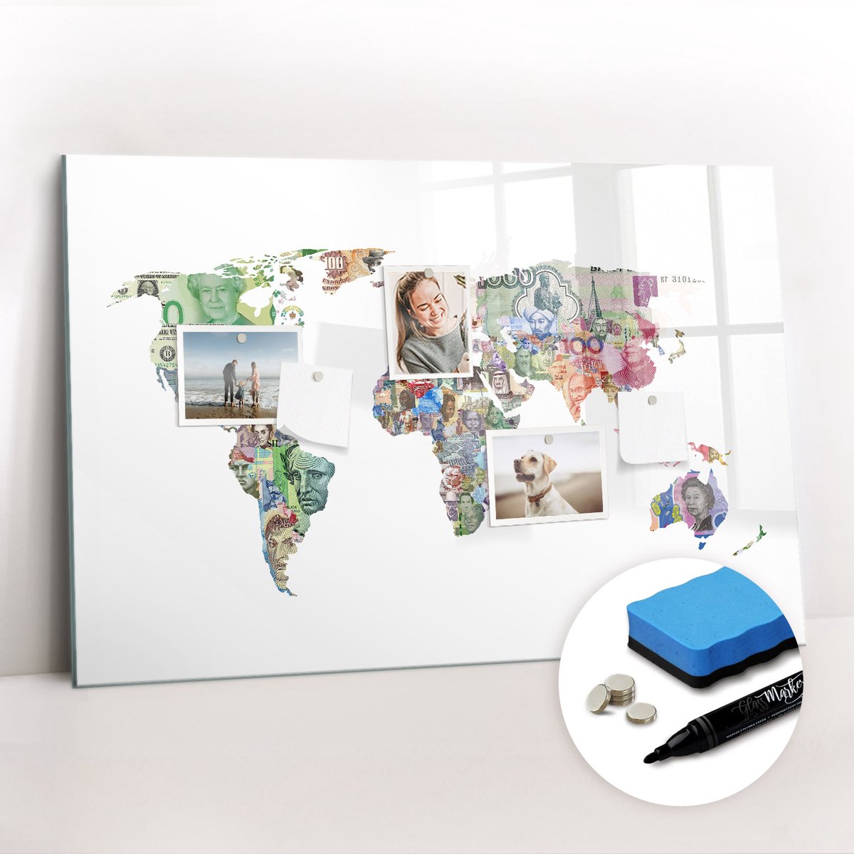 Tulup Whitebord - Wereldkaart van Banknew - 90 x 60 cm - Veelkleurig Memo Magneetbord - Gratis 5 Sterke Magneten + Whiteboard Marker & Wisser - Wanddecoratie Kantoor - Magnetisch Bord - Inspiratiebord Kantoor