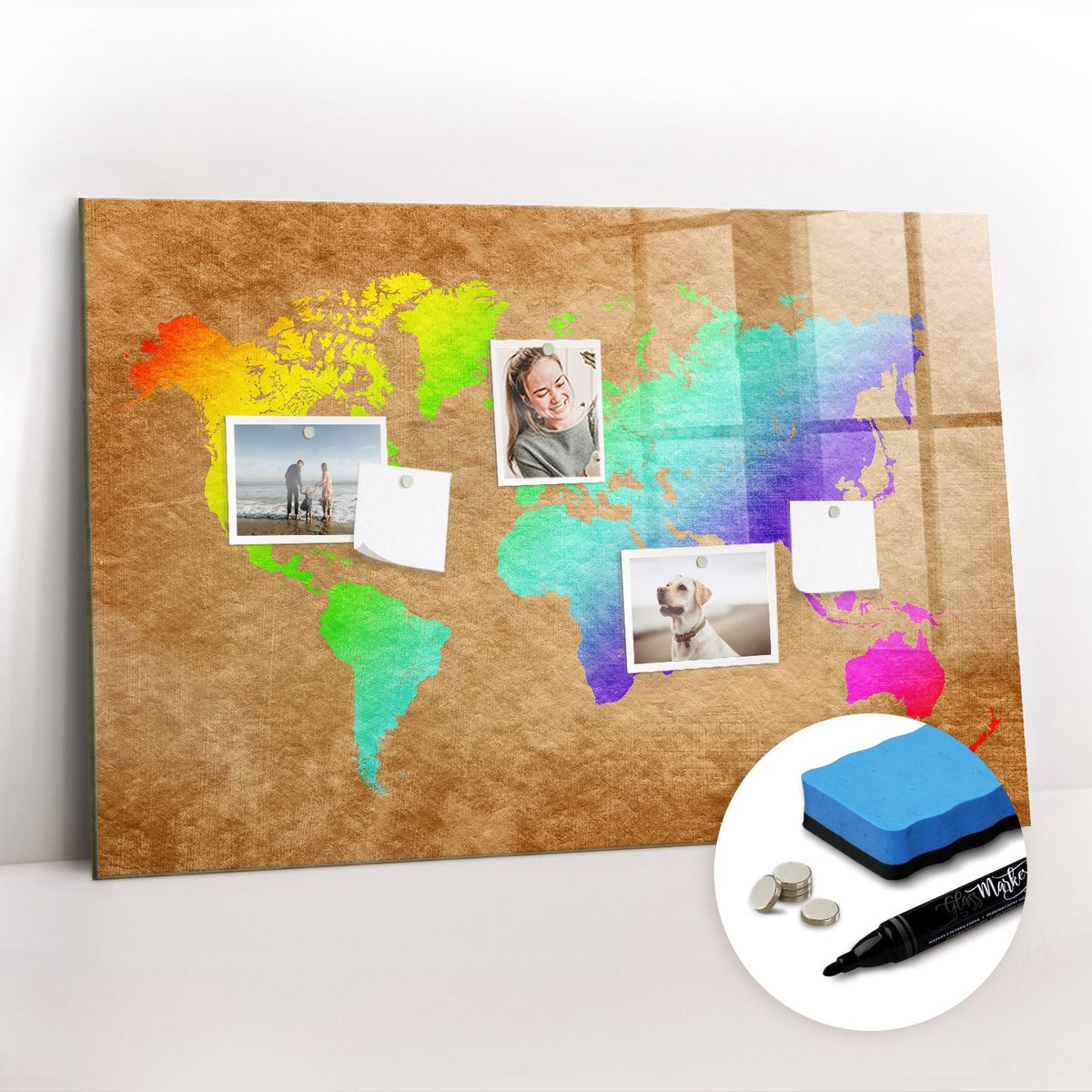 Tulup Whitebord - Overzicht van de landen van de wereld - 90 x 60 cm - Veelkleurig Magneetbord Keuken - Gratis 5 Sterke Magneten + Whiteboard Marker & Wisser - Interieur Accessoires Kantoor - Memobord Keuken - Productiviteit Tools
