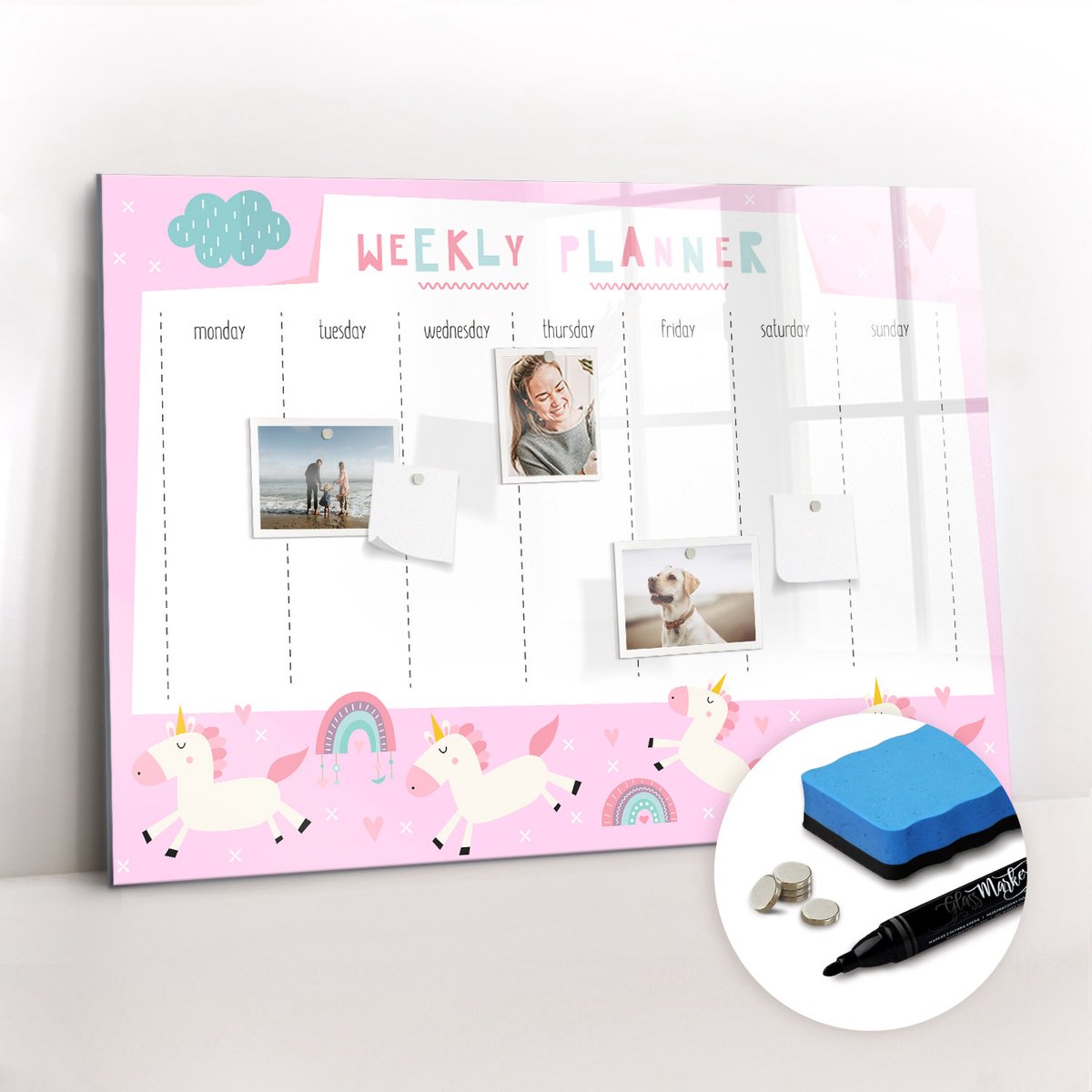Tulup Whitebord - Weekplanner voor kinderen - 100 x 70 cm - Roze Magneetbord Keuken - Gratis 5 Sterke Magneten + Whiteboard Marker & Wisser - Minimalistisch Prikbord - Magnetic Board - Notitiebord Werkplek