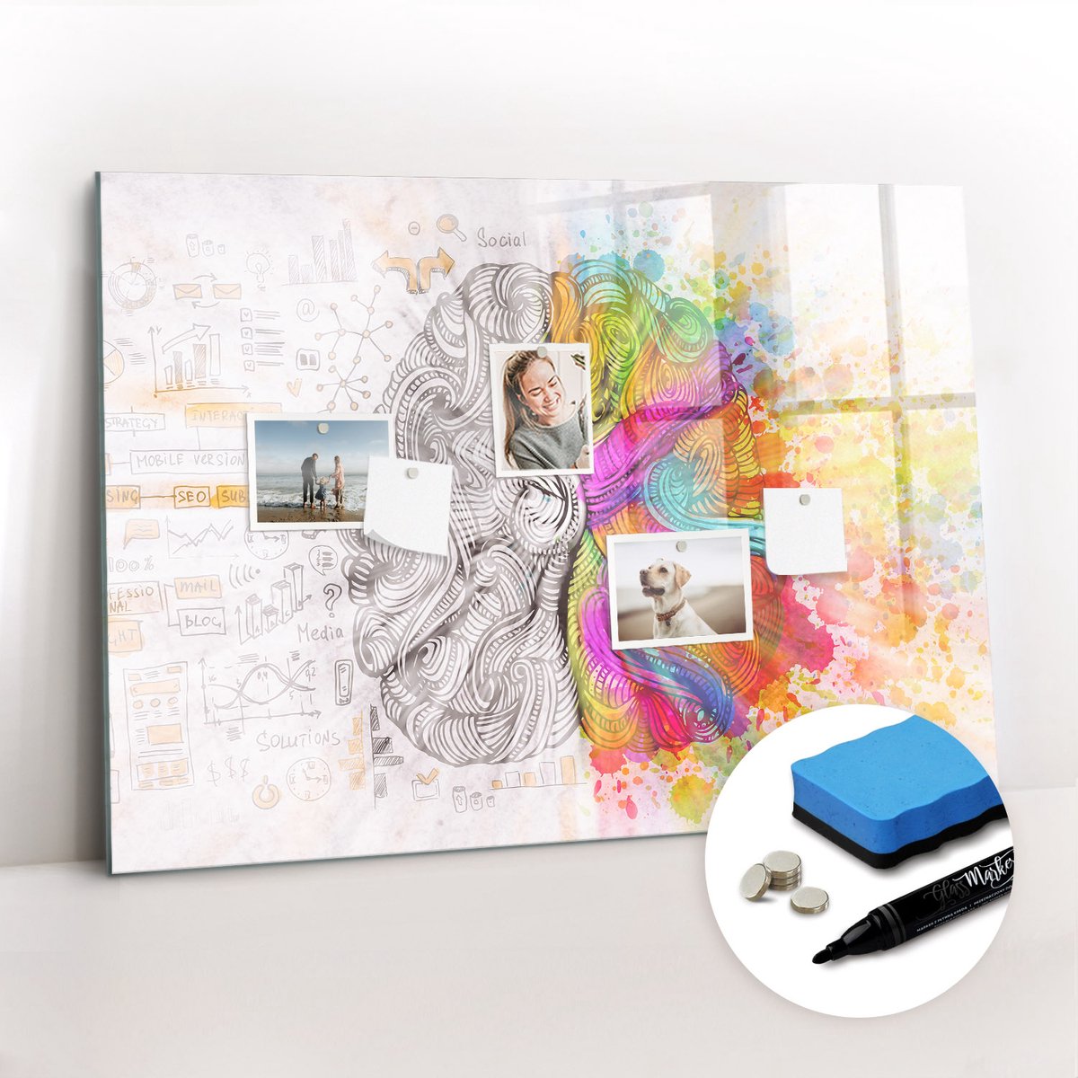 Tulup Whitebord - Abstracte hersenlijnen - 100 x 70 cm - Veelkleurig Memo Magneetbord - Gratis 5 Sterke Magneten + Whiteboard Marker & Wisser - Organizer Muur - Magnetic Board - Planning Muur