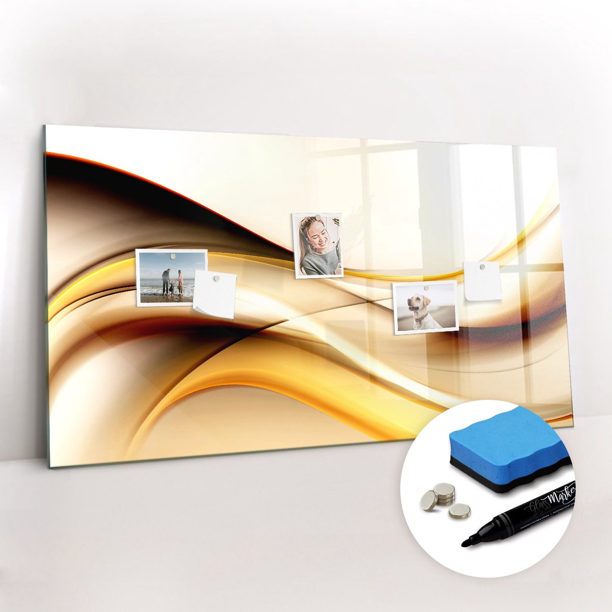 Tulup Whitebord - Abstracte golf - 120 x 60 cm - Geel Magneetbord Design - Gratis 5 Sterke Magneten + Whiteboard Marker & Wisser - Stylish Memo Board - Memobord Keuken - Notitiebord Werkplek