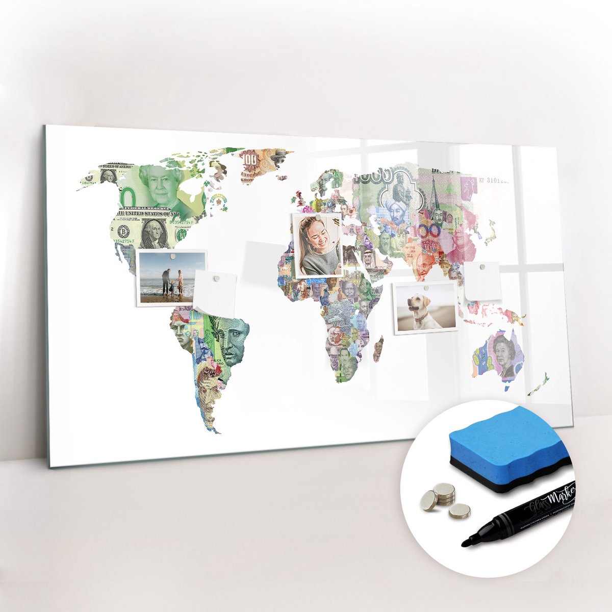 Tulup Whitebord - Wereldkaart van Banknew - 120 x 60 cm - Veelkleurig Memobord Glas - Gratis 5 Sterke Magneten + Whiteboard Marker & Wisser - Design Memobord - Magneetbord Design - Inspiratiebord Kantoor