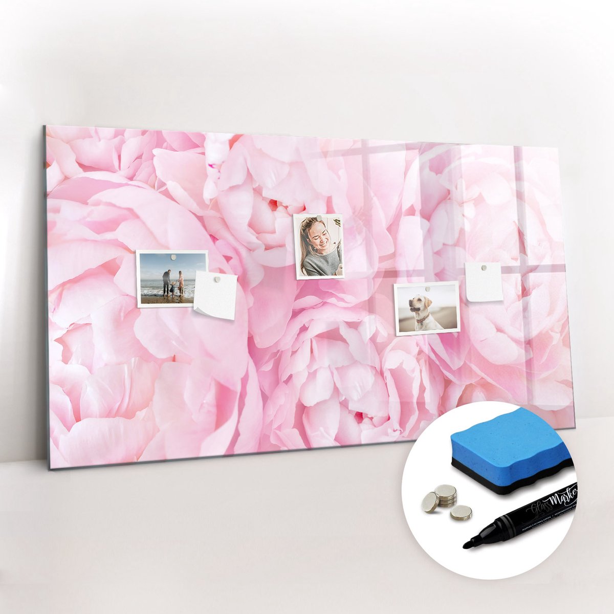 Tulup Whitebord - Bloeiende pioenrozen - 120 x 60 cm - Roze Magneetbord Design - Gratis 5 Sterke Magneten + Whiteboard Marker & Wisser - Industrieel Wandbord - Magnet Board - Ideeënbord Thuiswerkplek