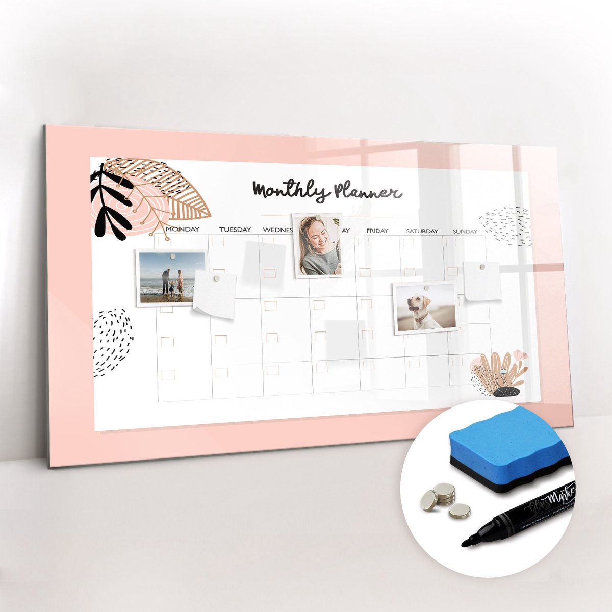 Tulup Whitebord - Maandplanner met bloemen - 120 x 60 cm - Wit Magneetbord Foto - Gratis 5 Sterke Magneten + Whiteboard Marker & Wisser - Stylish Memo Board - Magneetbord Rechthoekig - Planning Muur