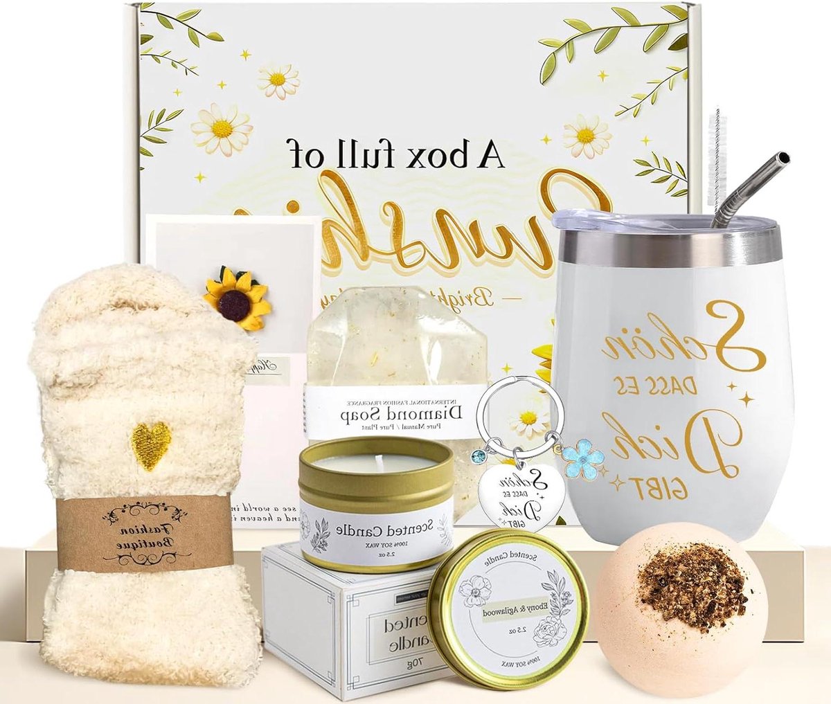 Cadeauset Vrouwen - Wellness Geschenk - Ontspanning Bieden - Zonnebloem Motief - 8 Delig - Geel