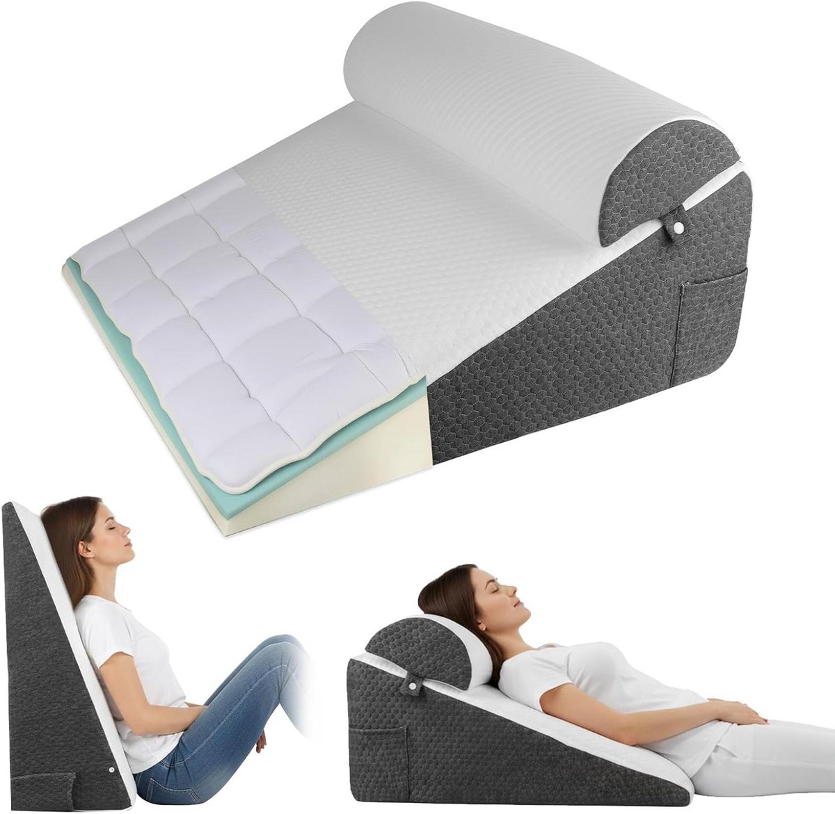 Bedwigkussen - Kussen voor bedlegerigen - Comfort in bed - Traagschuim vulling - 40x25x15 cm - Wit