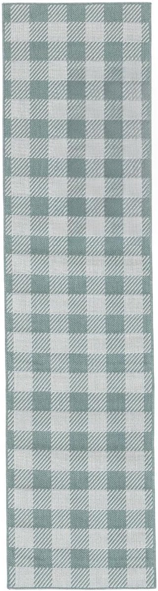 Gingham, Binnen & buitentapijt, Moderne, 80 x 300 cm, Rechthoekig, Middelpolig, Hal, Patio, Alleen handwas, UV-bestendig, Licht Groen/Wit