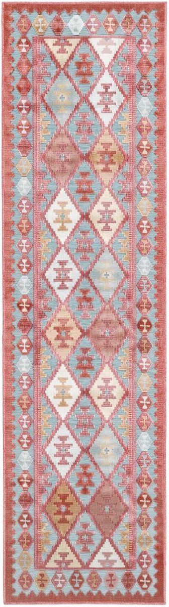 Saga Kilim, Binnen & buitentapijt, Kelim Modern, 80 x 300 cm, Rechthoekig, Middelpolig, Hal, Patio, Alleen handwas, UV-bestendig, Turkoois/Multi