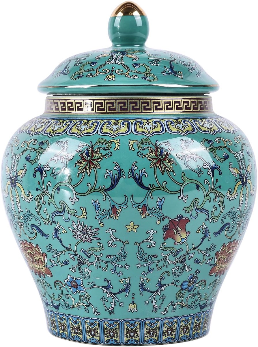 emaille gemberpot - levendig gekleurde Chinoiserie vaas, blauw en wit porselein keramische decoratieve pot met deksel voor woondecoratie en opslag (algemeen groen)
