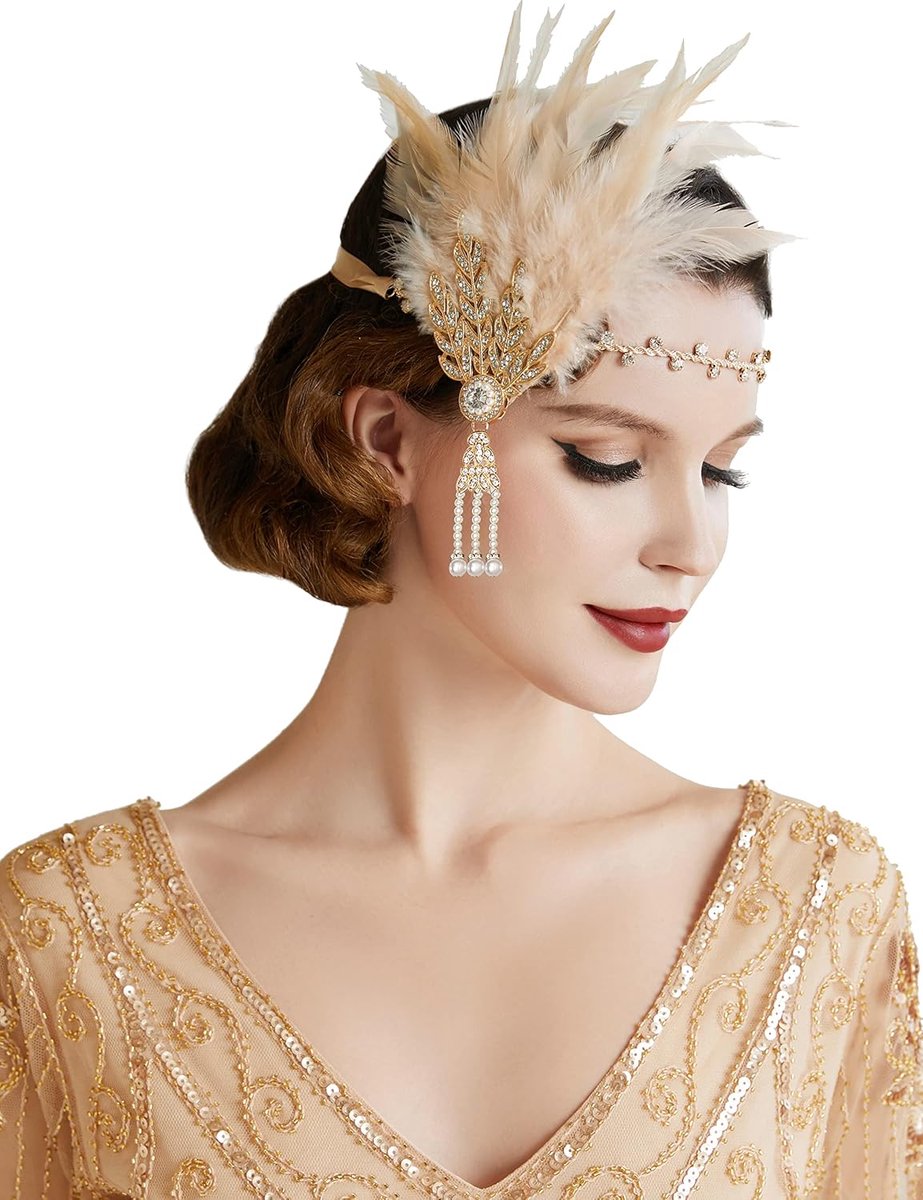 Haarband met veer voor dames jaren 20-stijl flapper Art Deco geïnspireerd door Great Gatsby bladeren schitterende kristallen haarband, champagne, Eén maat