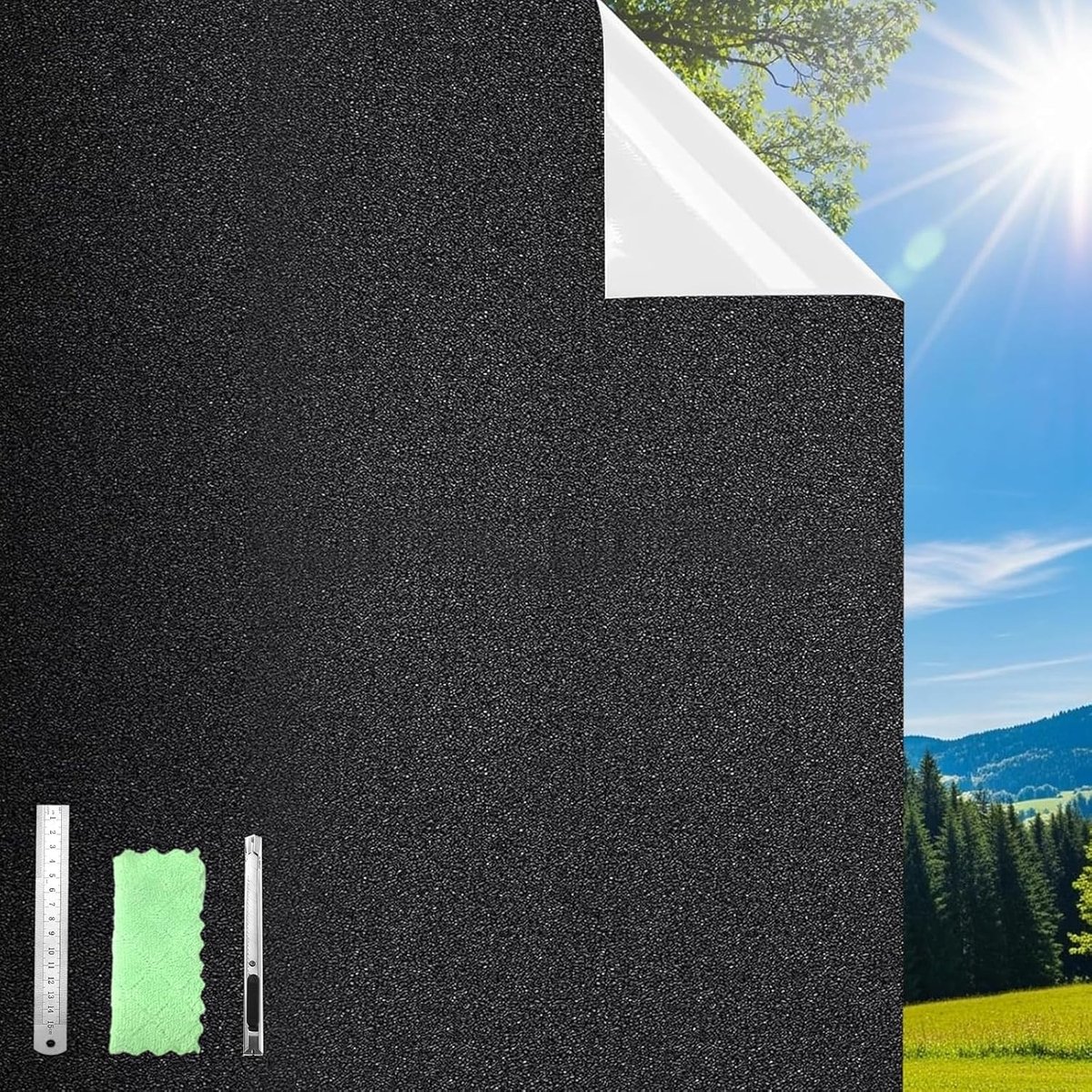 Verduisterende raamfolie, kamerverduisterende tint, 100% lichtblokkerende privacyfolie, statisch hechtend, geen lijm, uv-bescherming, verwijderbaar, voor thuis en op kantoor (90 x 200 cm)