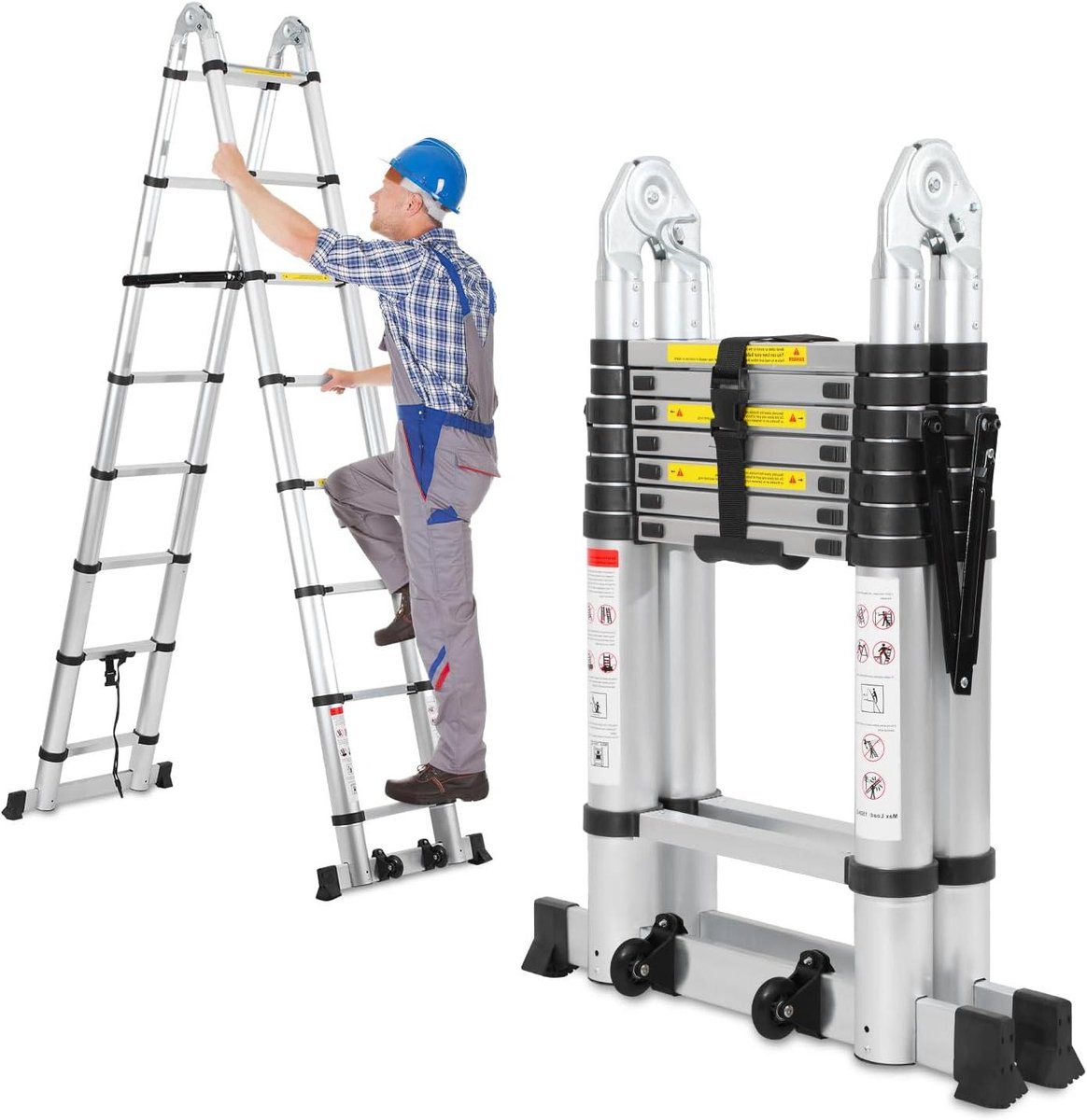 Telescopische Ladder - Klapladder Aluminium - Veelzijdig Gebruik - Met Stabilisator - 3.8 Meter - Zilver