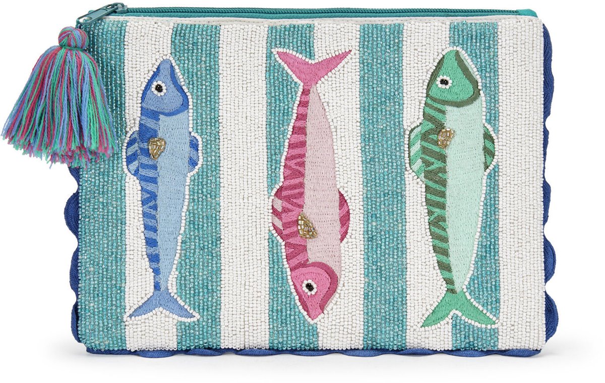 Codello Met kralen geborduurde clutch „Fish Parade“ – Turquoise & Wit met kwast