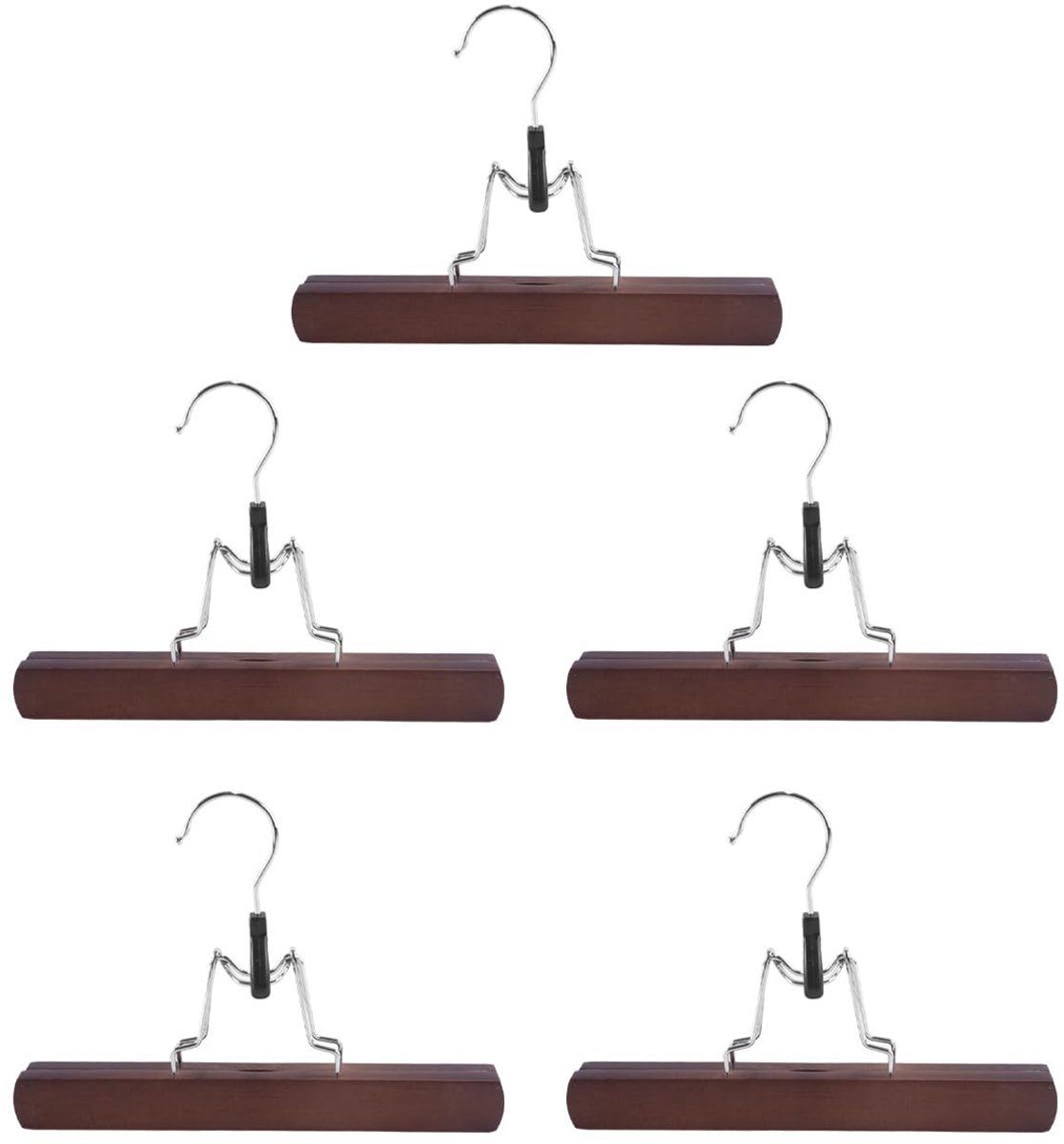 Ticha 5 stuks vintage bruine massief houten rokkenhangers, 25 cm x 3 cm houten broekhangers met klemmen