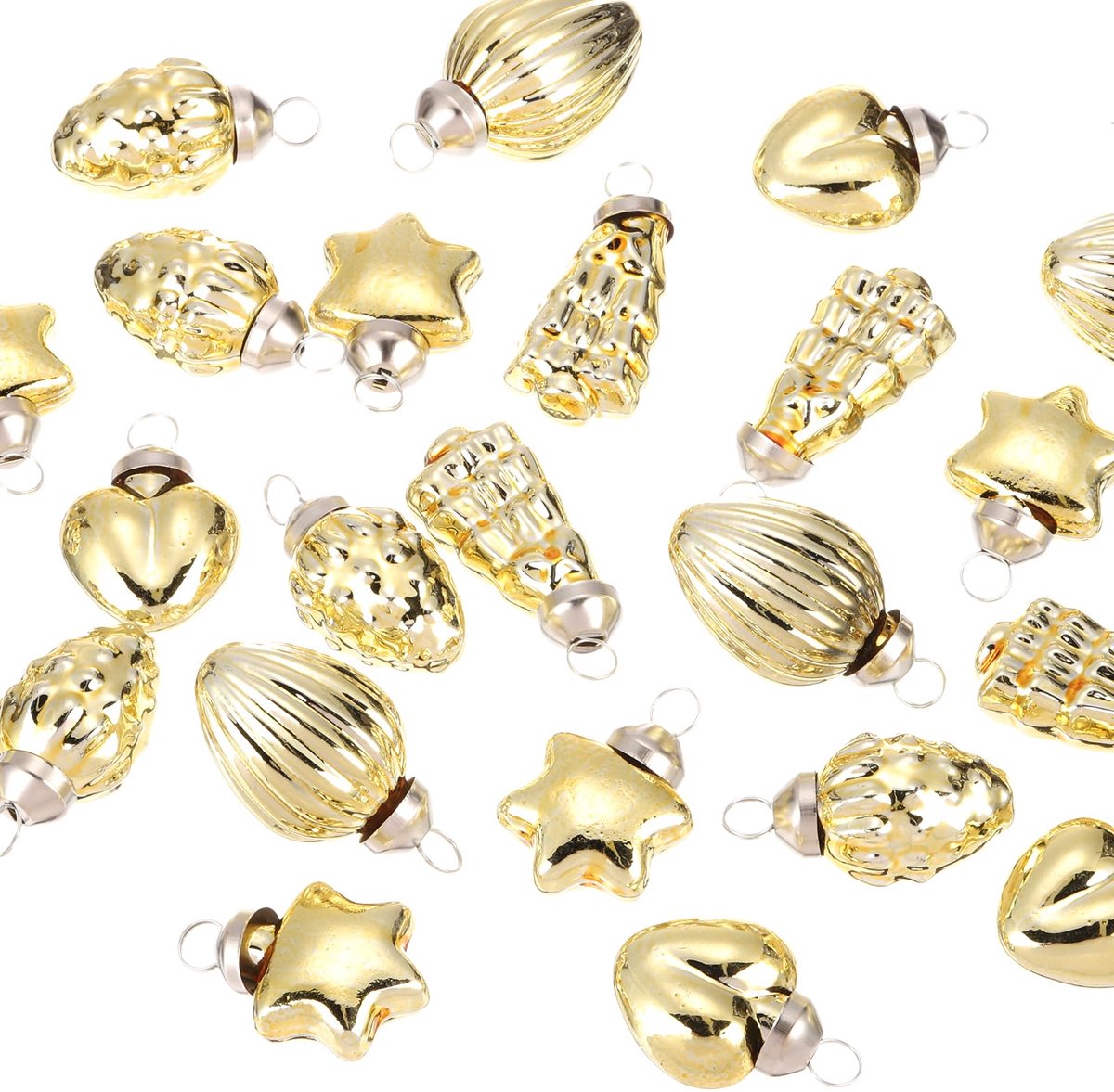 QUARKZMAN 25 stuks glazen kerstballen, 3 cm, grenen hart, vijfpuntige ster, ellipsoid, aardbeien, goud, kerstdecoratie voor kerstboom, Halloween, Kerstmis, evenement en bruiloft