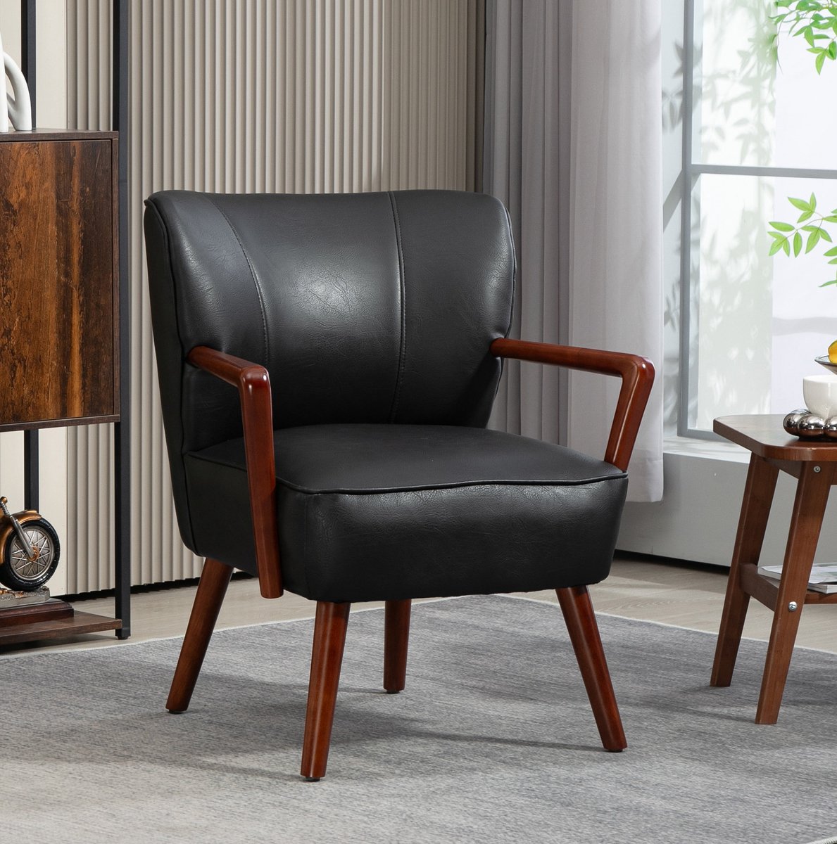 MEUNIQ fauteuil zwart van kunstleer met armleuningen en houten poten, gepolsterde loungest