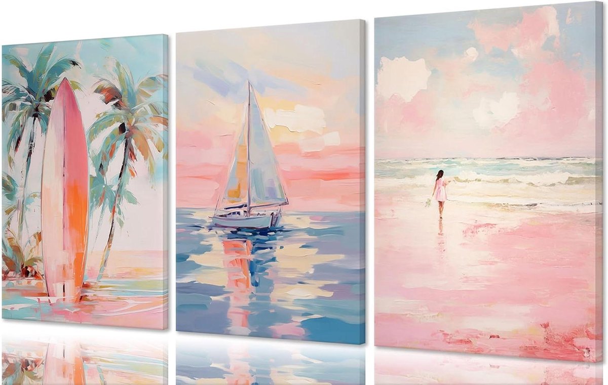Danish Pink Coast Canvas Art - Strand Poster Print - Wanddecoratie Kamer - 3 Delige Set - 16x24 Inch - Roze