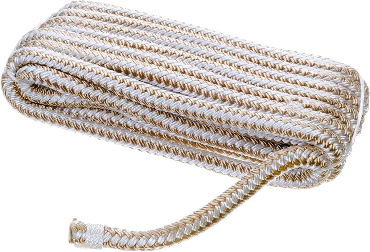 Dubbel Gevlochten Nylon Lijn - Meertouw Boot - Veilig Aanleggen - Met Oogsplice - 3/8" x 15ft - Goud/Wit