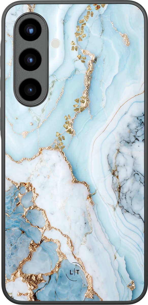 Hoesje geschikt voor Samsung Galaxy A56 - Marmer babyblauw - Luxe Glazen Hardcase - Marmer - Blauw