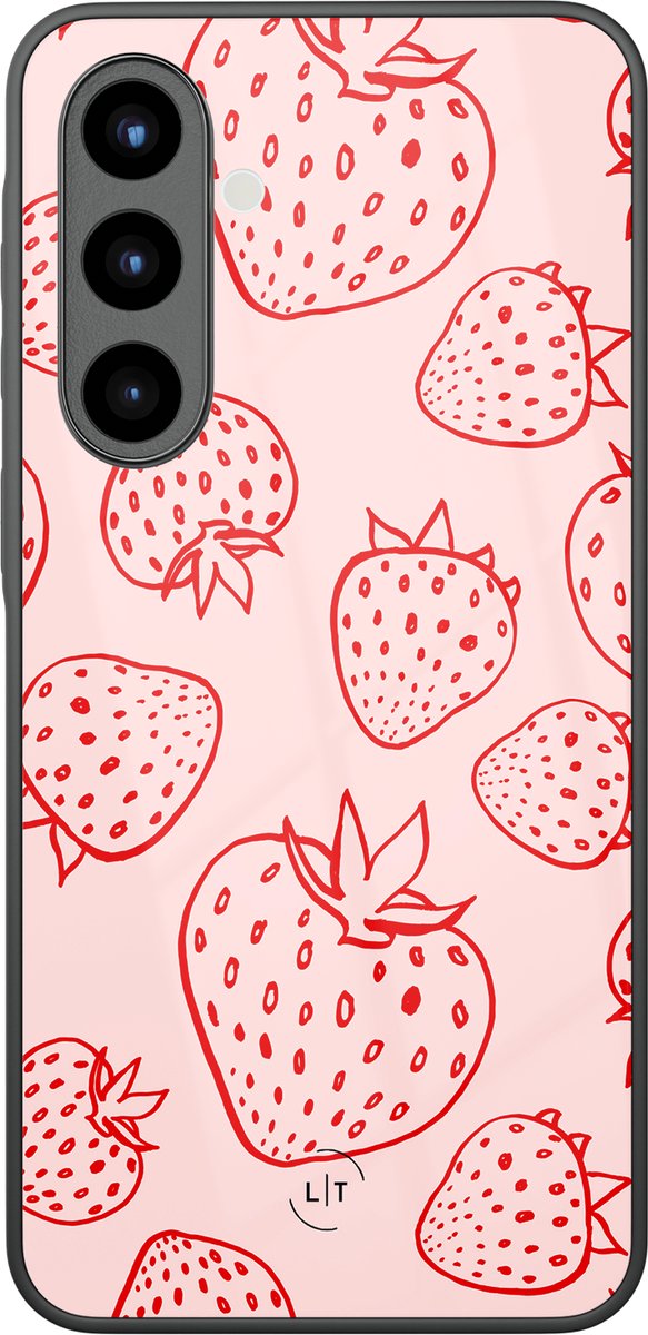 Hoesje geschikt voor Samsung Galaxy A56 - Aardbei - Luxe Glazen Hardcase - Print / Illustratie - Roze
