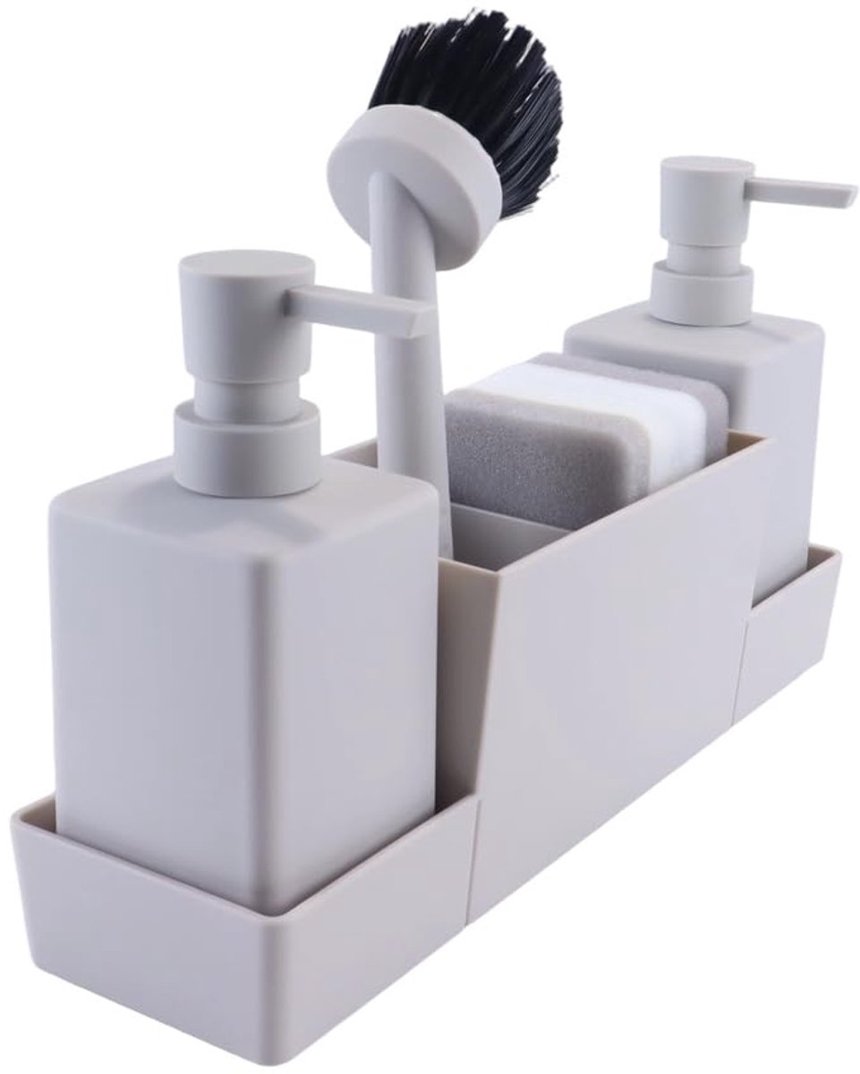 4-in-1 gootsteen zeepdispenser set, keukenzeepdispenser met sponshouder en afwasborstel, beige