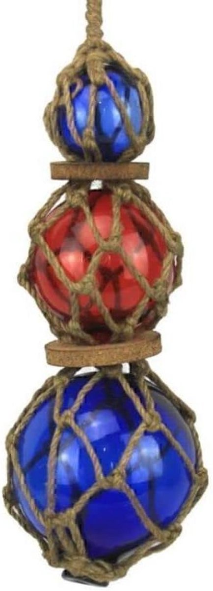 Japanse Vissersboei - Glasboei Decoratie - Maritieme Decoratie - Handgeblazen Glas Replica - 28 cm - Rood Blauw