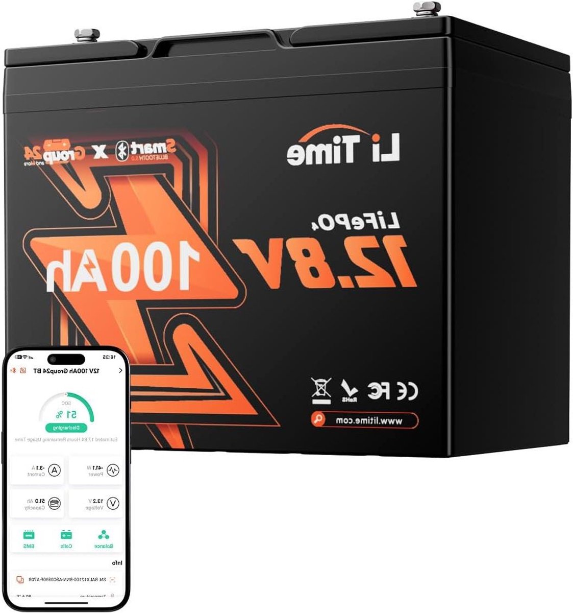 Lithium LifePO4 Accu - 12V Batterij - Camper Stroomvoorziening - Met Bluetooth Monitoring - 260x168x210mm - Zwart