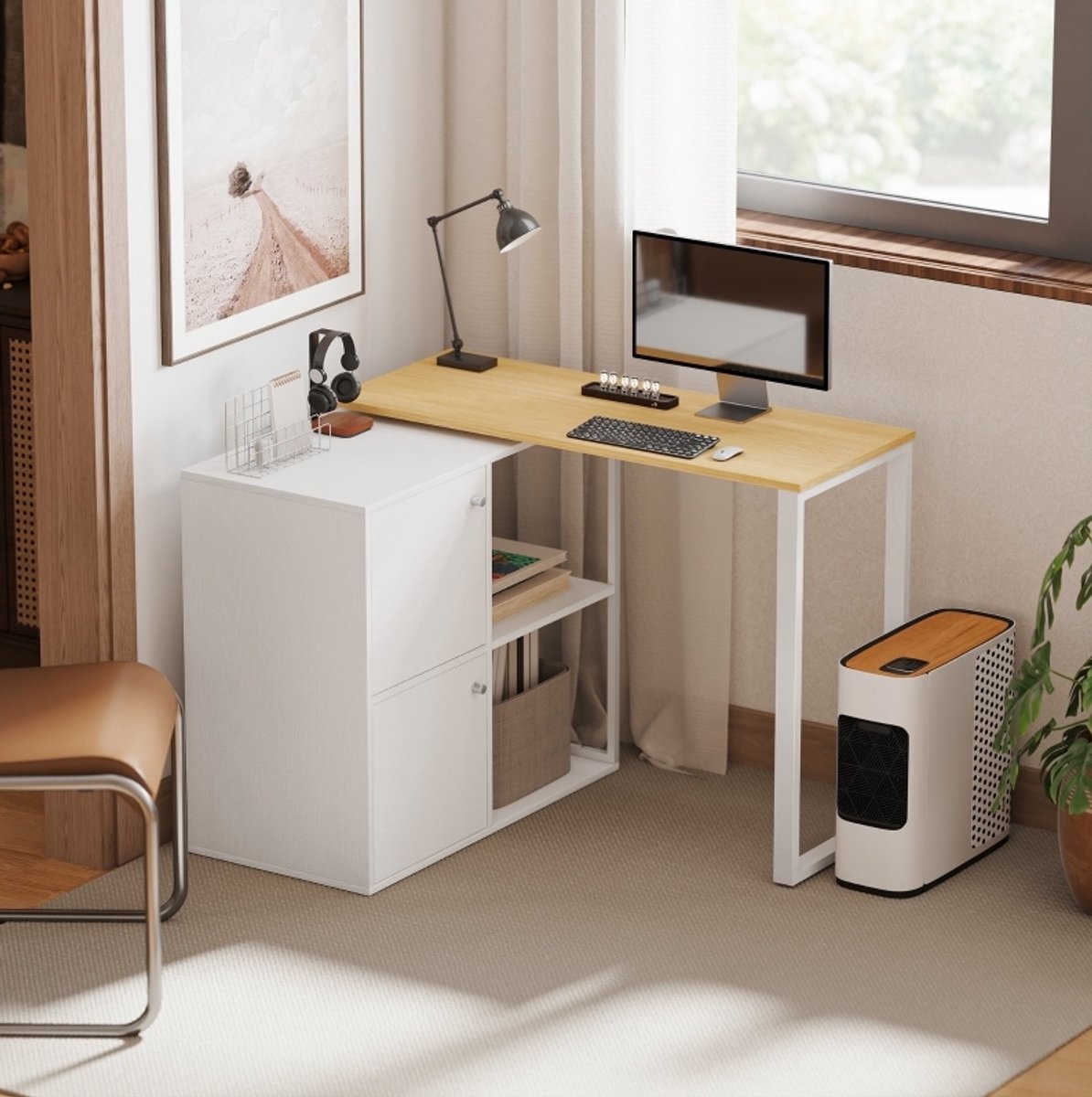 MEUNIQ L-vorm bureau 360° draaibaar hoekbureau met 2 opbergkasten en 2 open vakken, computertafel voor werkkamer of woonkamer, wit