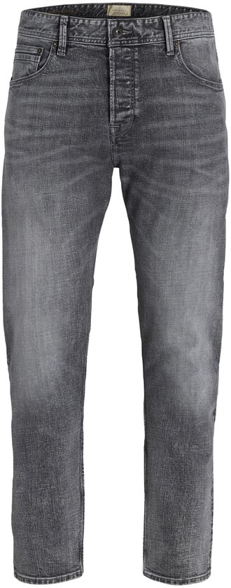 Voorkant van een grijze Jack & Jones jeans met een gewassen textuur en een knoopsluiting.