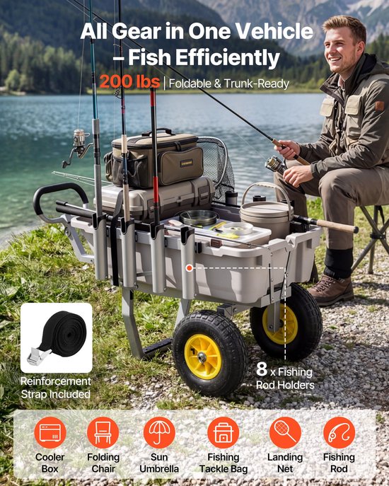 Opvouwbare viskar - Transportkar voor vissen - Draagvermogen 90,7 kg - 2 All-terrain Rubberbanden - Aluminium Frame - 8 Hengelhouders - Voor Strand en Kamperen — afbeelding 2