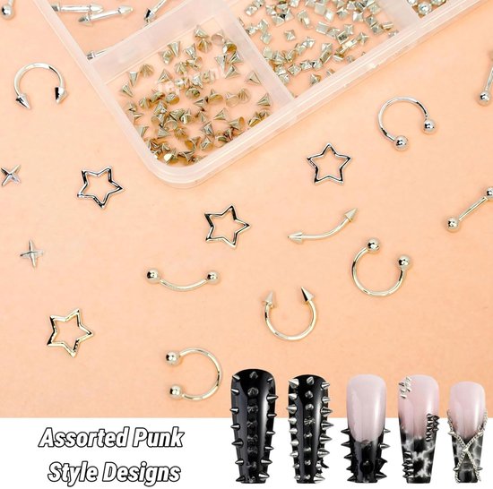 Nagels - Zilveren Charms voor Nagels, Metalen Punk Goth Charm Studs, Spikes, Ringen, Piercing Nagel Strasssteentjes, Gemengde Vormen, Y2K Nagel Edelstenen — afbeelding 3