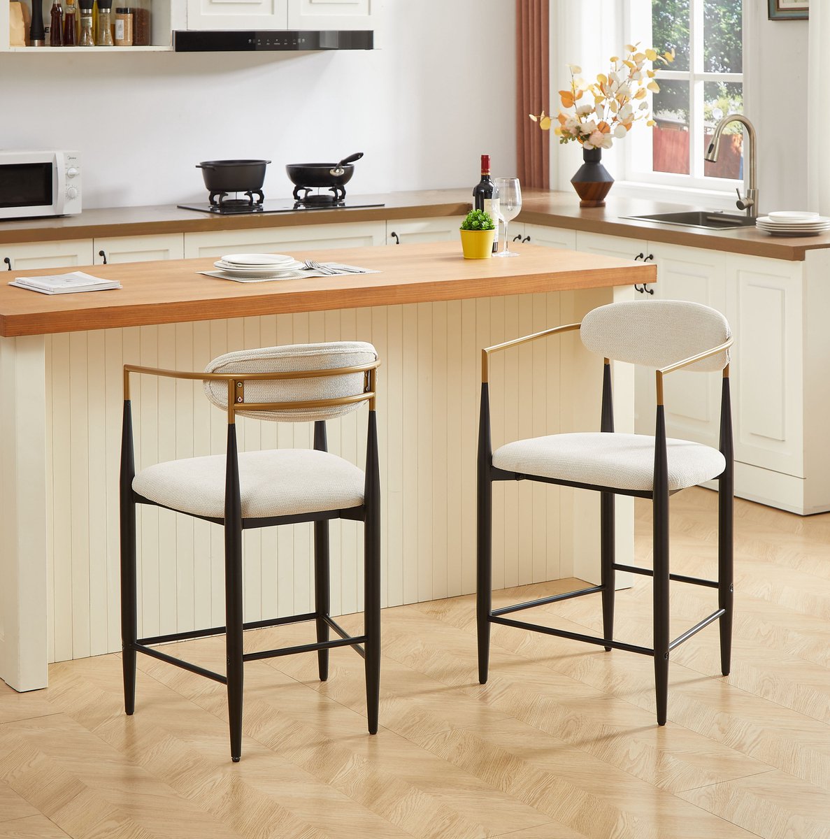 DESMIU Barkruk 55 X 59 X 94 Cm - Set Van 2 Met Armleuningen En Rugleuning - Voor Keukeneiland En Bar - Stof En Metaal - Beige